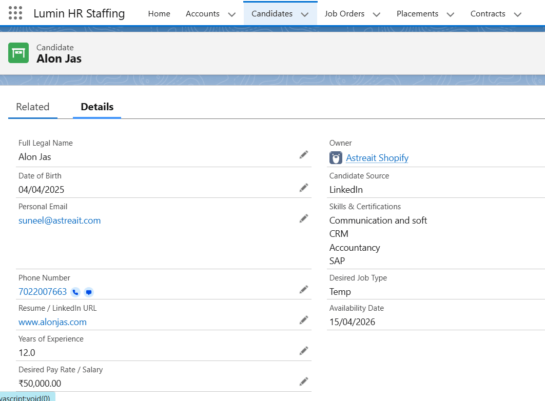 Candidate Record Setup