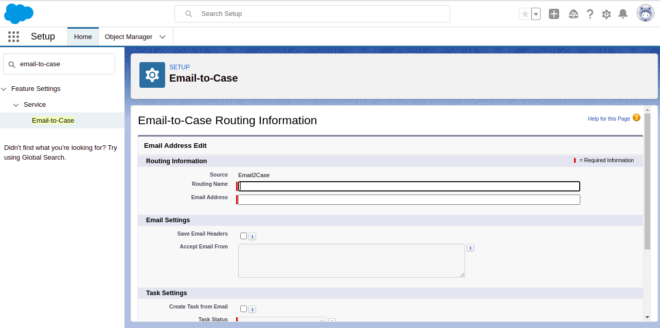 Enter Email-to-Case routing information