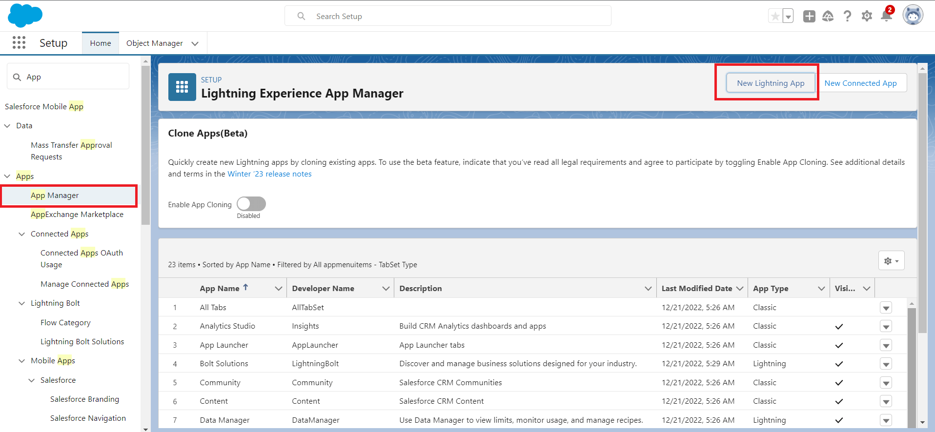 Lightning Experience App Manager