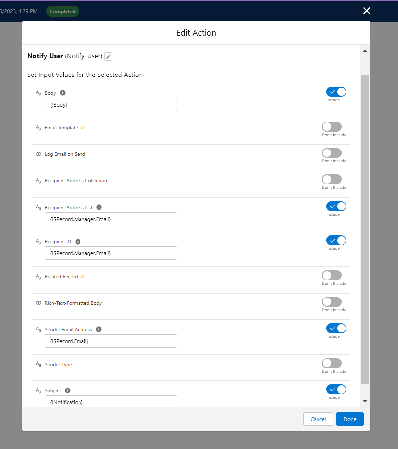 Setting  Field Details To Send Email in the Flow
