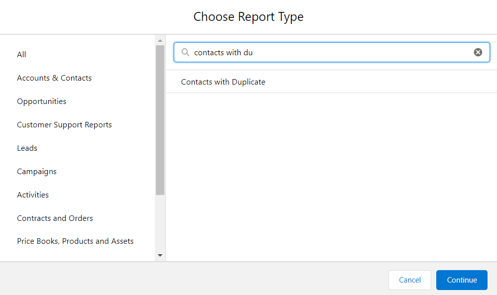 Salesforce Duplicate Management Choose Report Type